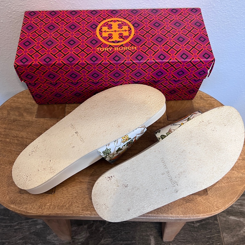 Tory Burch Everly Calf Leather Printed Birds Anatomic Slide Sandal Size 8 - Picture 7 of 7